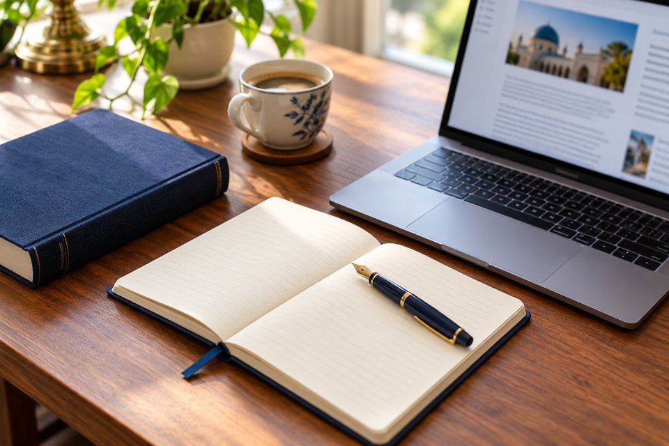 Notebook, pen and laptop showing an article