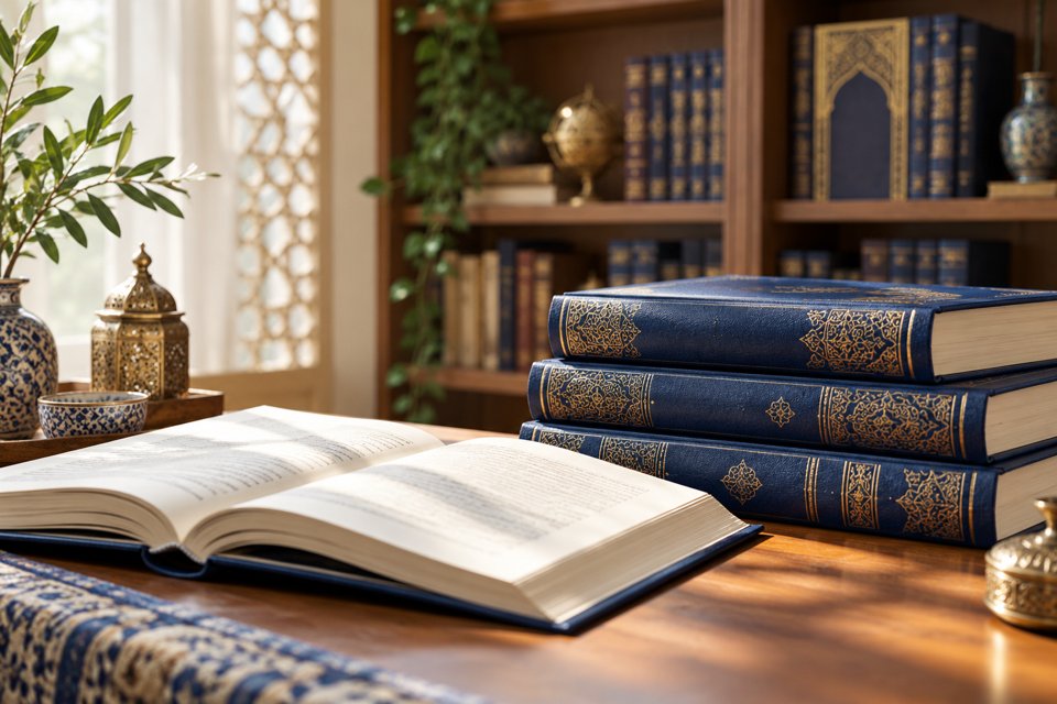 Stack of bound Islamic books beside an open book in a library