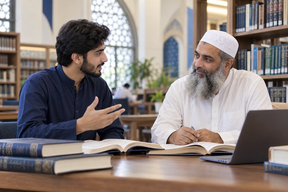 A student in discussion with a scholar in a library