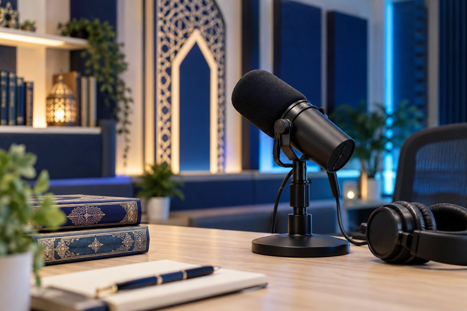 Podcast microphone in a studio with Islamic books